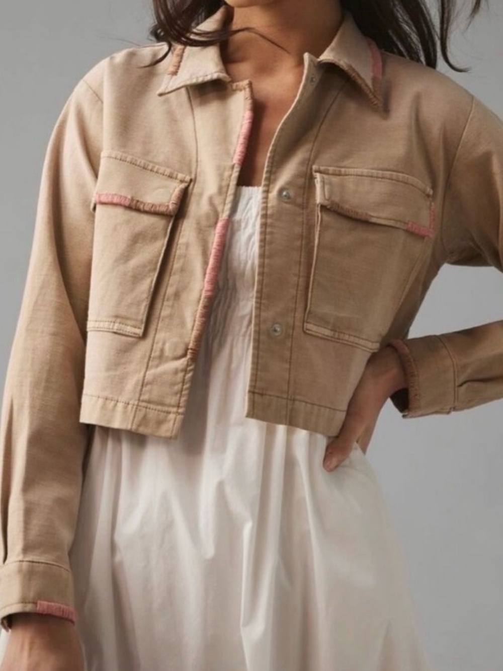 Pilcro by Anthropologie Cropped Tan Jacket with Pink Trim Like New
